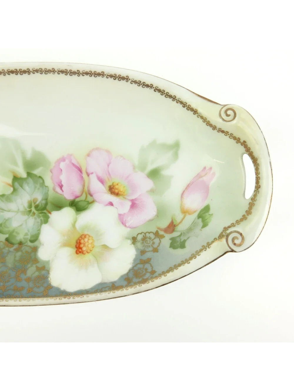 Antique RS Germany Porcelain Celery Dish Relish Tray Hand Painted Flowers Pink
